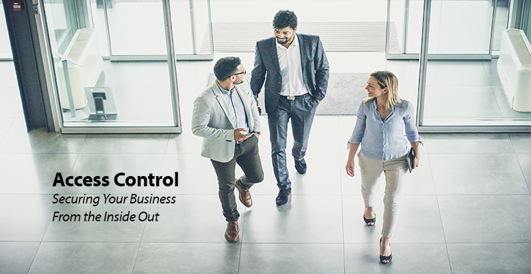 Office Workers Walking into Business Office Building Protected by Access Control Security System