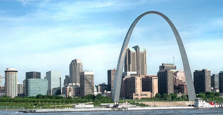 St Louis Gateway Arch and Barge on Mississippi River Jon Rehg Photography