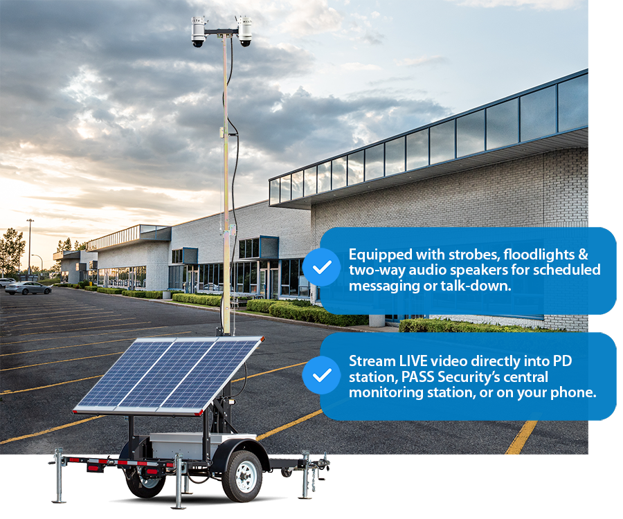 PASS Security Solar Remote Security Camera Trailer in Shopping Center Parking Lot