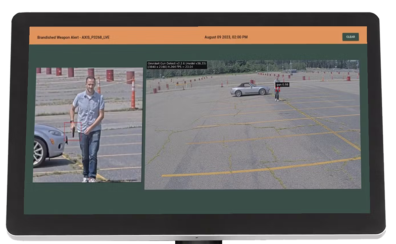 Evolv Extend Outdoor Brandished Weapons Detection System Monitoring Screen Shows Assailant with Gun in School Parking Lot