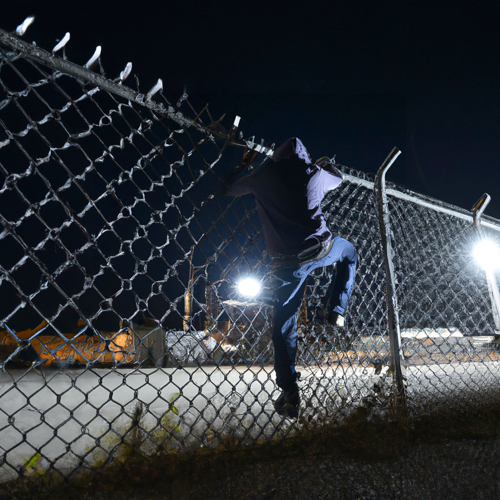 Burglar Climbing Over a St. Louis Business Commercial Chain Link Fence at Night